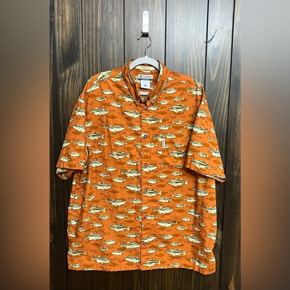 COLUMBIA SPORTSWEAR ORANGE FISH PRINT ALL OVER DEEP SEA FISHING SHIRT MENS XL - Picture 7 of 10